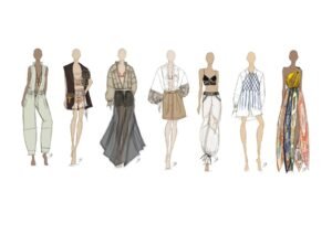 REAWAKE: Wenn Reste zu Couture werden UNFOLD Capsule Collection von REAWAKE – Kleiderskizzen der sieben Looks.